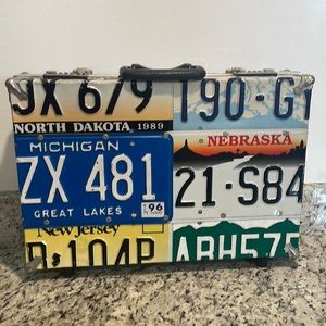 One of a kind vintage license plate briefcase with Jean interior